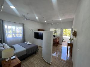 a bedroom with a bed and a television and a table at Coco apartamento centrico in Cozumel