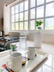 a kitchen counter with two cups on a tray at Coco apartamento centrico in Cozumel