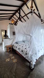 a bedroom with a bed with a mosquito net at Apartamento do Manu in Atins +6 photos
