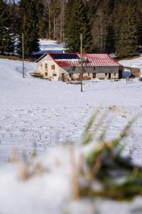 a house in a snowy field with a building at La Montagne devant in Provence +10 photos