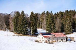 a house with a red roof in the snow at La Montagne devant in Provence