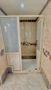 a bathroom with a shower with a glass door at Yellow House on the Nile in Luxor