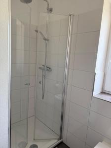a shower with a glass door in a bathroom at Three-castle-view in a new appartment in Neckarsteinach +8 photos