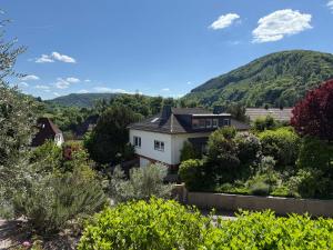 an aerial view of a house with mountains in the background at Three-castle-view in a new appartment in Neckarsteinach