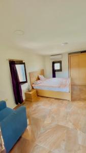 a bedroom with a bed and a blue couch at Yellow House on the Nile in Luxor