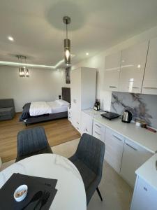 una cucina con tavolo e un letto in una camera di Boskovic Apartments a Podgorica
