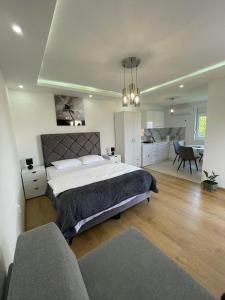 una camera da letto con un letto grande e un soggiorno di Boskovic Apartments a Podgorica