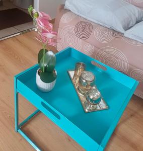 a blue table with a vase and a plant on it at Le minimaliste in Pamiers