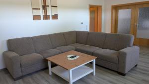 a living room with a couch and a coffee table at " FeWo am Hof " Große Wohnung mit zwei Schlafzimmern, seperate Küche und großem Bad in Beverstedt +29 photos