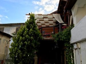 two christmas trees in front of a building at Varosi Guesthouse in Edessa
