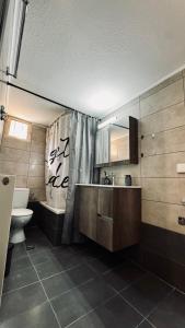 a bathroom with a toilet and a sink and a mirror at Minimal & cozy house με χώρο στάθμευσης στη περιοχή in Kavala