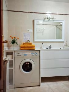 a bathroom with a washing machine under a sink at Apartamento céntrico "Casa Belinda" in Toro