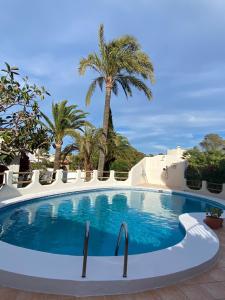 ein Swimmingpool mit Palmen im Hintergrund in der Unterkunft Ca La Mina in Jávea