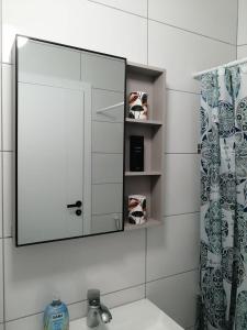 a bathroom with a mirror and a sink and a shower curtain at Vintage in Shëngjin