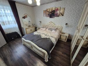 a bedroom with a large bed and a mirror at Vidiecky dom Leles in Leles