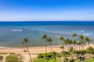 a view of a beach with palm trees and the ocean at Just Steps to Beach with 2 King Beds and Centrally Located in Kihei