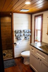 a bathroom with a toilet and a shower with towels at Charming Cabin with Pond View and Private Hot tub in Carthage