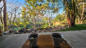 two cups sitting on a wooden table in front of a window at Aldea Camalote in Matanchén