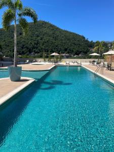 einen Pool mit blauem Wasser und einer Palme in der Unterkunft Flat em Itaipava! in Araras Petropolis