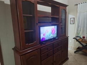 a large wooden cabinet with a tv in it at Casa Serra Macaé in Água Boa