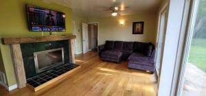 ein Wohnzimmer mit Couch und Kamin in der Unterkunft Bear Lake Cottage in Mountain Grove