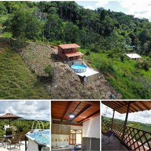 a collage of pictures of a house and a pool at Cabaña cerca a hacienda Nápoles in Doradal +1 photo