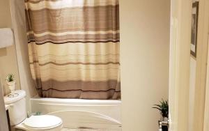 a bathroom with a toilet and a shower curtain at Appartement assafa in Nevers