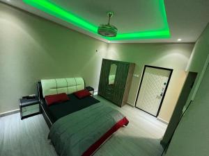 a bedroom with a bed with a green light at Minteh in Elephant Island
