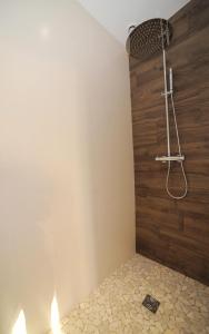 a shower in a bathroom with a wooden wall at La Rosace in Chartres