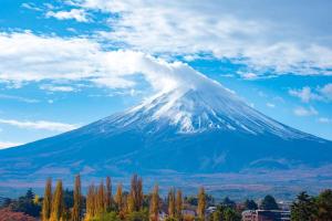 富士河口湖町にあるBusiness Hotel Fujimiの雲と木々が上にある山