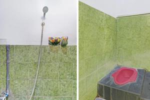 two pictures of a shower with a green tile wall at Hotel O Bagus Jaya Hotel in Semarang