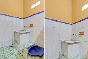 two pictures of a bathroom with a blue toilet at SPOT ON 93596 Pondok Wisata Pesona Asri in Kaliurang