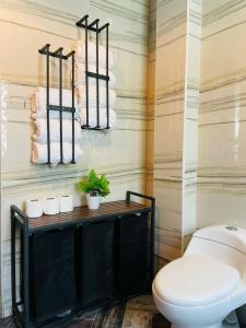 a bathroom with a toilet and towels on a wall at Loft Industrial Petfriendly in Tlaxcala de Xicohténcatl