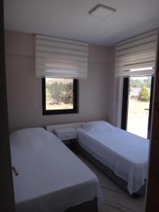 una camera da letto con due letti e una finestra di Bozcada Aden Vineyard a Bozcaada