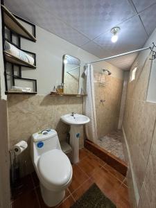 a bathroom with a toilet and a sink and a shower at Cuarto estudio HERSOR in San Salvador