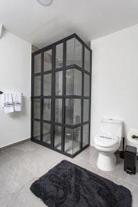a bathroom with a toilet and a glass cabinet at La Fábrica #1 Carrie Furnace in Valle de Bravo