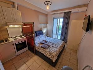 a small kitchen with a bed and a stove at Diana's Cozy 2 Studio in Ioannina