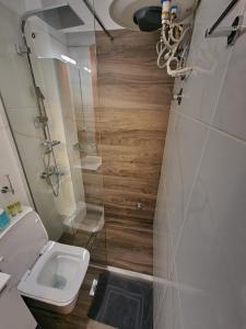 a bathroom with a toilet and a glass shower at Diana's Cozy 2 Studio in Ioannina +14 photos