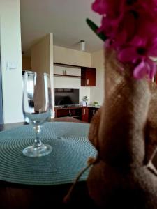 a table with a wine glass and purple flowers on it at Apartment SANRiSe in Białystok