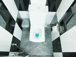 a bathroom with a white toilet in a stall at 2in1 Kandy Hostel in Kandy