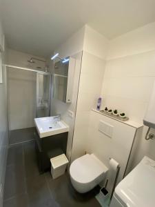 a white bathroom with a toilet and a sink at Apartments Katharina in Batalaži +15 photos