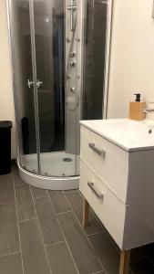 a bathroom with a shower and a white dresser at les bambous in Mas-Saintes-Puelles