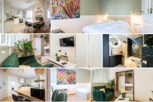 eine Collage mit Fotos von einem Schlafzimmer und einem Wohnzimmer in der Unterkunft Very nice apartment in Mulhouse Lambert city center in Mulhouse + 13 Fotos