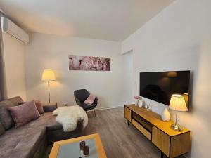 a living room with a couch and a flat screen tv at Apartmány U Kostela in Uničov