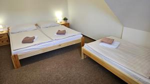 zwei Betten in einem Zimmer mit zwei Handtüchern darauf in der Unterkunft Baurů Dvůr in Zdíkov