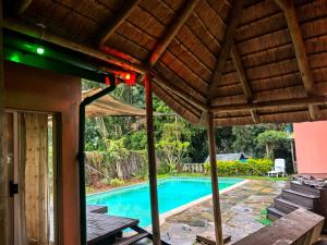 a view from the porch of a house with a swimming pool at Evergreen guest house in Pietermaritzburg