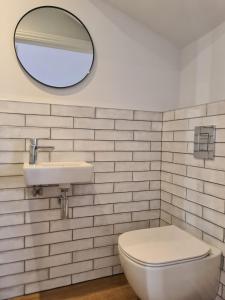 a bathroom with a toilet and a sink and a mirror at Number 10 - Stunning brand new house - sleeps 6 - free parking in Topsham +31 photos