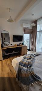 a bedroom with a bed and a desk and a television at SteLar Lake View 2025 in Teşila +7 photos