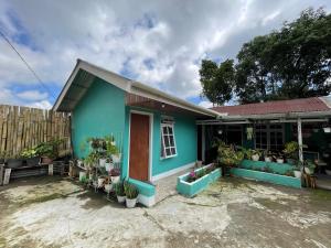 ein blaues Haus mit Topfpflanzen davor in der Unterkunft Skipper House in Ruteng