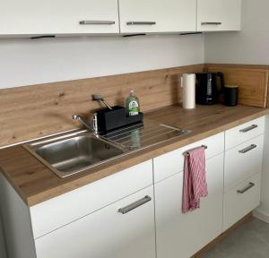 a kitchen with a sink and a counter top at Ferienwohnung Brandung - Haus Seeschwalbe in Schillig +6 photos